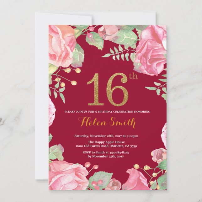 Invitación Floral 16º cumpleaños Purpurina de oro Borgoña Roj (Anverso)
