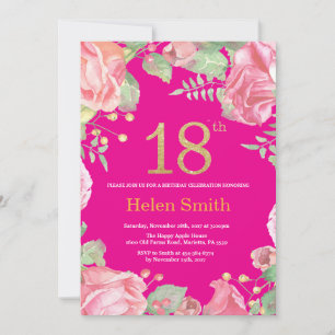 Invitación Floral 18 cumpleaños Purpurina de oro y rosa calie
