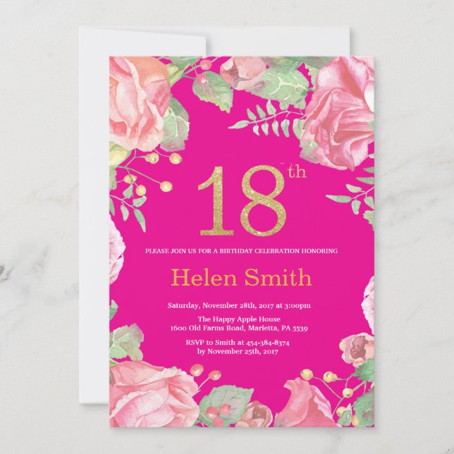 Invitación Floral 18 cumpleaños Purpurina de oro y rosa calie (Anverso)