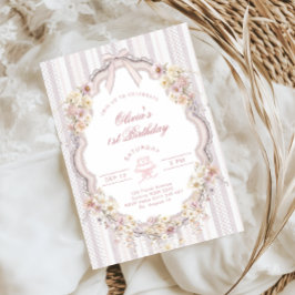 Invitación Floral 1st Birthday Bow Photo Invitation