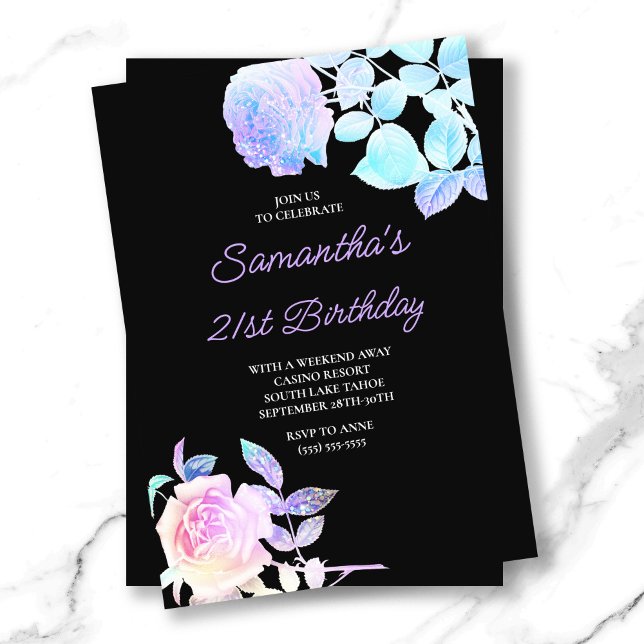 Invitación Floral 21ª floral negra e irlandesa (Black and Iridescent Floral 21st Birthday Invitation)