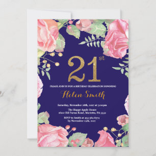 Invitación Floral 21 cumpleaños Purpurina de oro Marina Azul