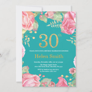 Invitación Floral 30.º Purpurina de oro y Verde azulado