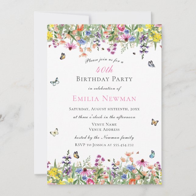 Invitación Floral 40.º Fiesta de cumpleaños (Anverso)