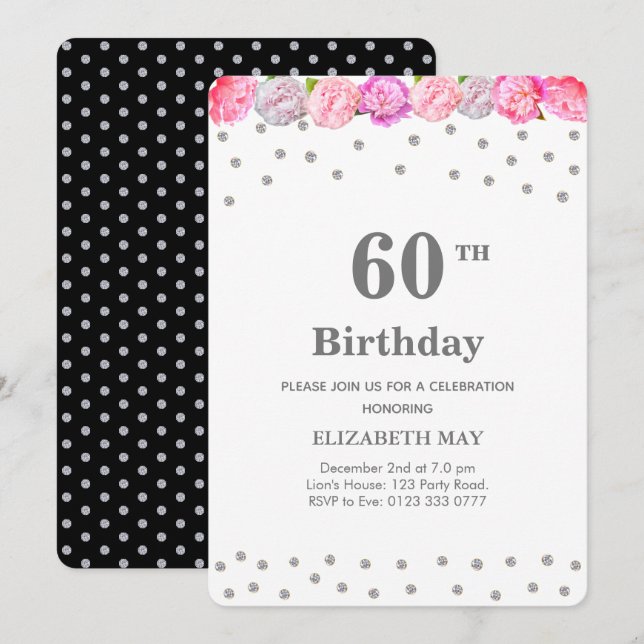 Invitación Floral 40 cumpleaños, 60 cumpleaños con Diamantes (Anverso / Reverso)