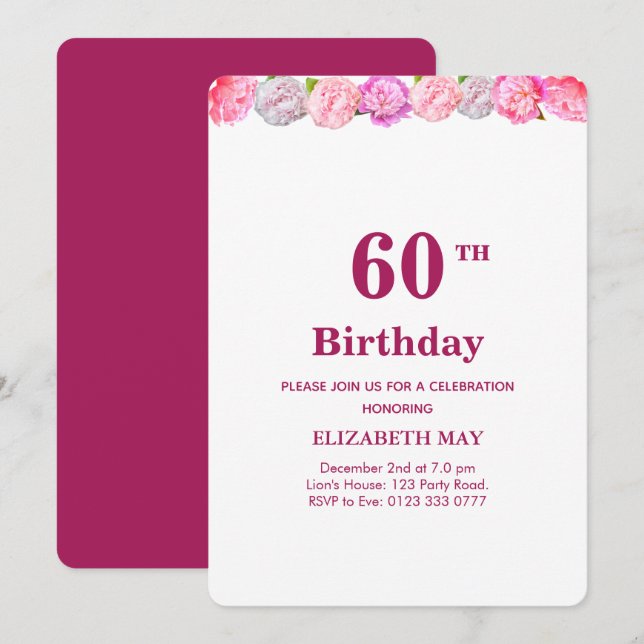 Invitación Floral 40, cumpleaños 60 en Borgoña y Blanco (Anverso / Reverso)