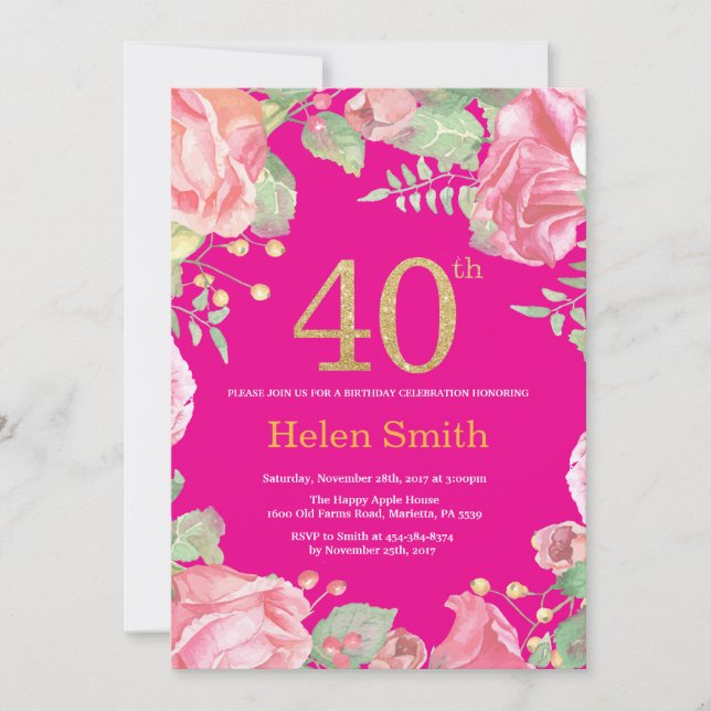 Invitación Floral 40 cumpleaños Purpurina de oro y rosa calie (Anverso)