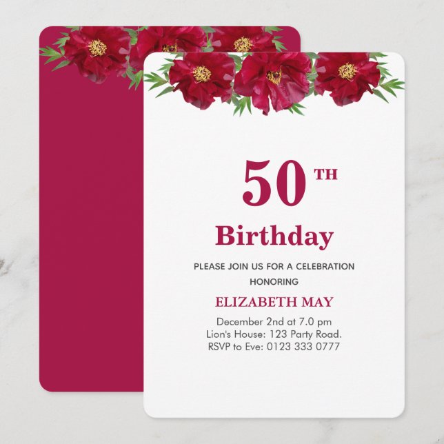 Invitación Floral 50, 60 cumpleaños en burdeos y blanco (Anverso / Reverso)