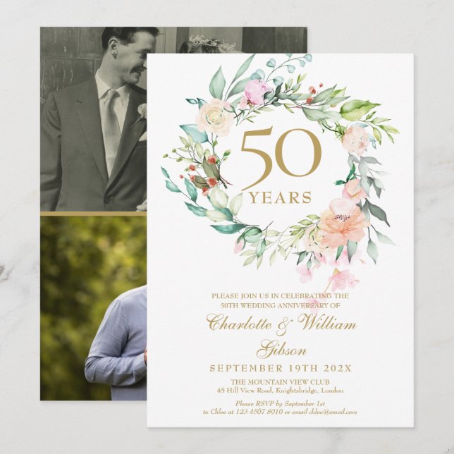 Invitación Floral 50 Aniversario del Boda Dorado 2 Foto (Anverso / Reverso)