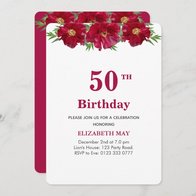 Invitación Floral 50, cumpleaños 60 en Borgoña y Blanco (Anverso / Reverso)