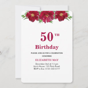 Invitación Floral 50, cumpleaños 60 en Borgoña y Negro