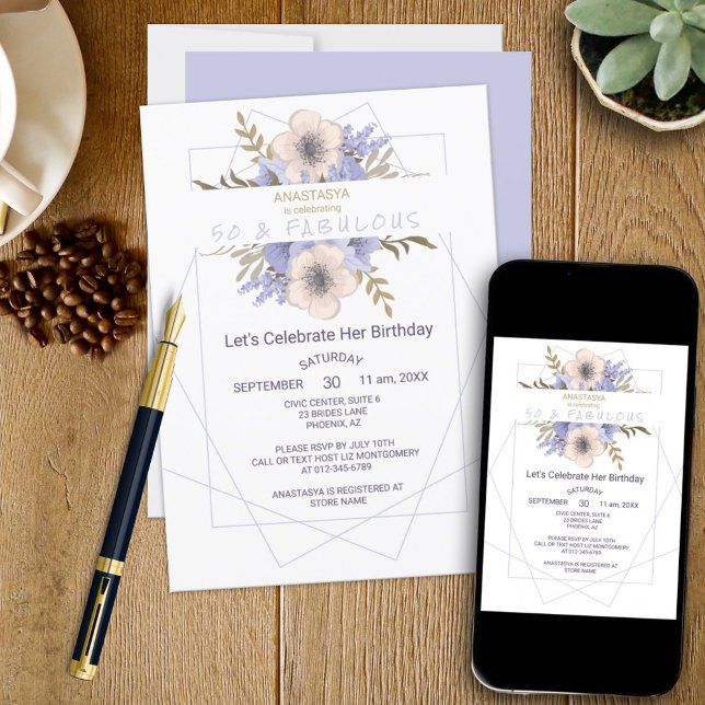 Invitación Floral 50 y Fabuloso Cumpleaños Violeta Rosa de Du (This template birthday invitation can be ordered as a printed product and / or downloadable.)