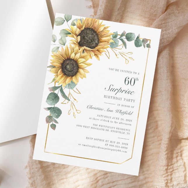Invitación Floral 60.ª acuarela de girasol Cumpleaños (Floral 60th Birthday Sunflower Eucalyptus Invitation)