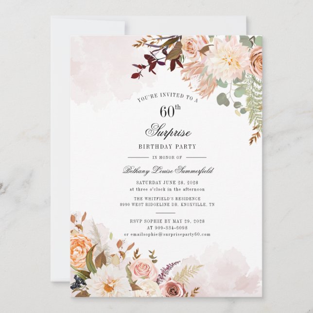Invitación Floral 60.º Fiesta de sorpresa por cumpleaños (Anverso)