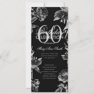 Invitación Floral 60th Birthday Program Silver Black Menu
