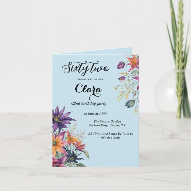 Invitación Floral 62ª fiesta de cumpleaños (Anverso)