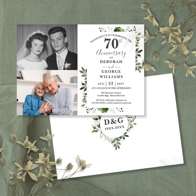 Invitación Floral 70º aniversario Boda entonces y ahora 2 fot (Floral 70th Wedding Anniversary Then & Now 2 Photo Invitation)