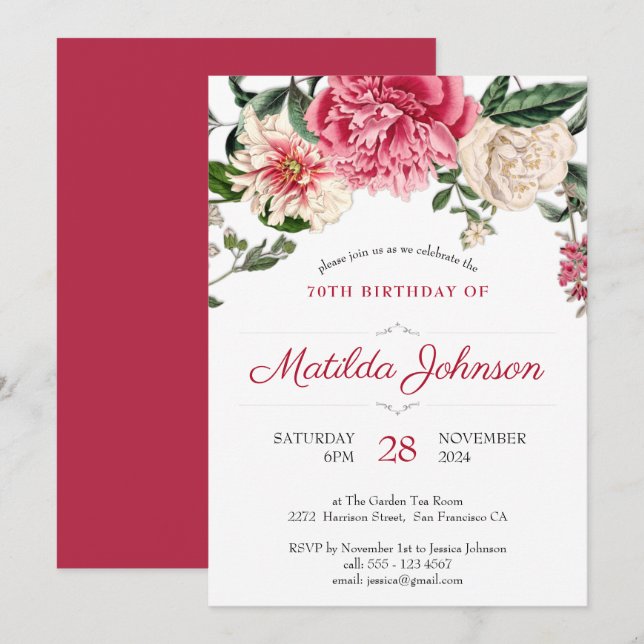 Invitación Floral 70 cumpleaños Botánico Elegante Rojo rosa (Anverso / Reverso)