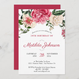Invitación Floral 70 cumpleaños Botánico Elegante Rojo rosa