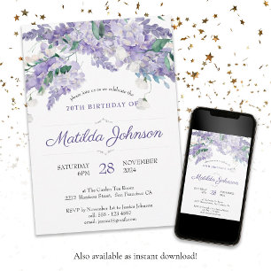 Invitación Floral 70 cumpleaños color de agua púrpura elegant