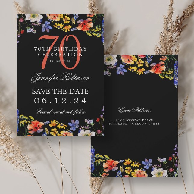 Invitación Floral 70 cumpleaños Salvar la fecha negro (Floral 70th Birthday Save the Date Black Invitation)