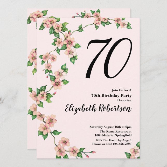 Invitación Floral 70th Birthday Invitation in Blush Pink (Anverso / Reverso)