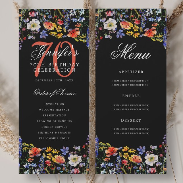Invitación Floral 70th Birthday Party Program Menú Negro (Floral 70th Birthday Party Program Menu Black)