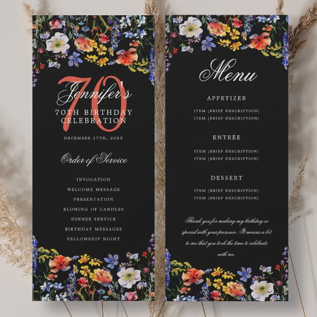 Invitación Floral 70th Birthday Program Menú Gracias Negro (Floral 70th Birthday Program Menu Thank You Black)