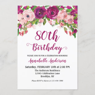 Invitación Floral 80 cumpleaños color de agua morado rosado m