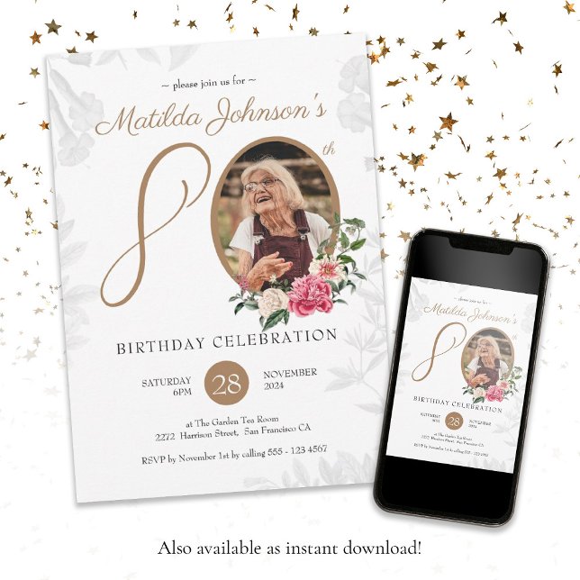 Invitación Floral 80 cumpleaños foto botánica de oro negro (Floral 80th Birthday Black Gold Botanical Photo Invitation)