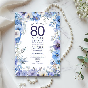 Invitación Floral 80 cumpleaños Invite, flores azules y morad