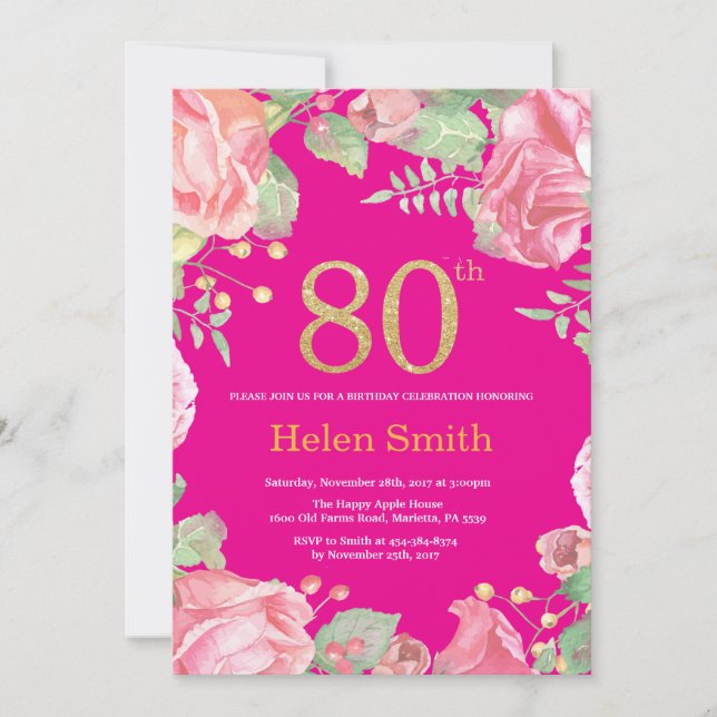 Invitación Floral 80 cumpleaños Purpurina de oro y rosa calie (Anverso)