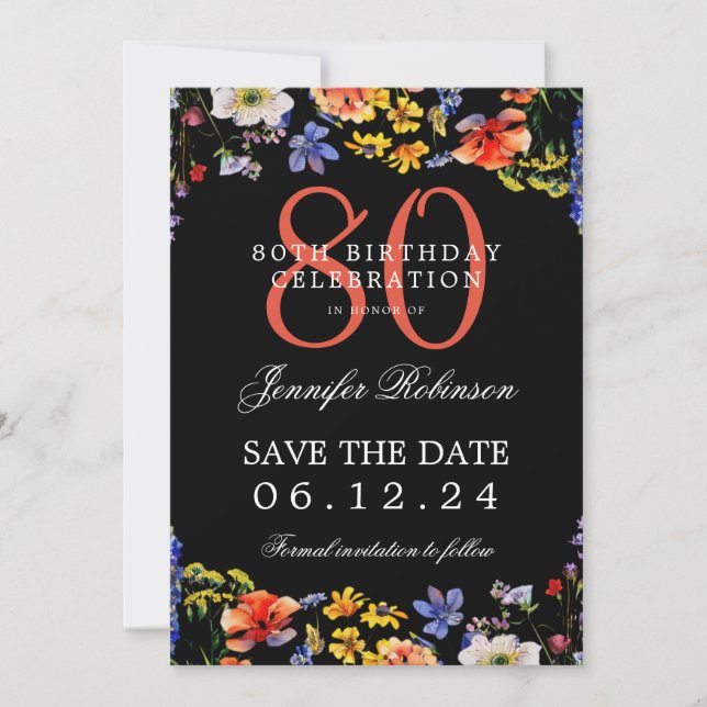 Invitación Floral 80 cumpleaños Salvar la fecha negro (Anverso)