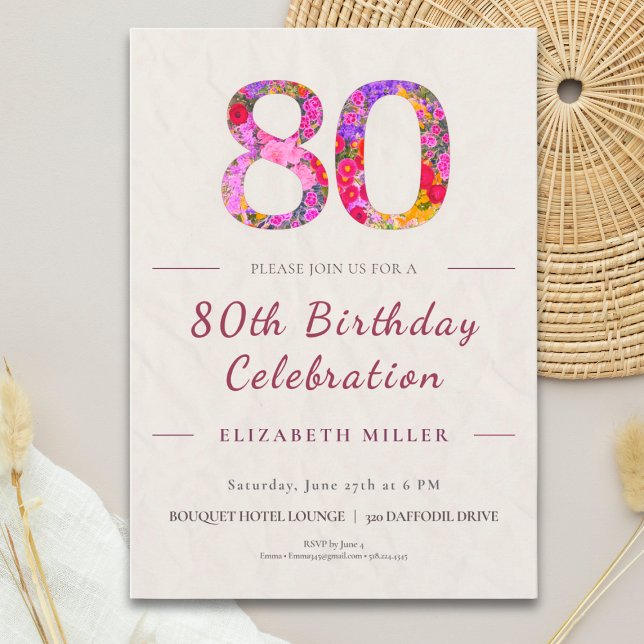 Invitación Floral 80th Birthday - Elegant Celebration (Subido por el creador)