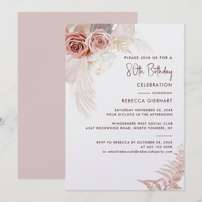 Invitación Floral 80th Birthday Pampas Grass Fiesta (Anverso / Reverso)