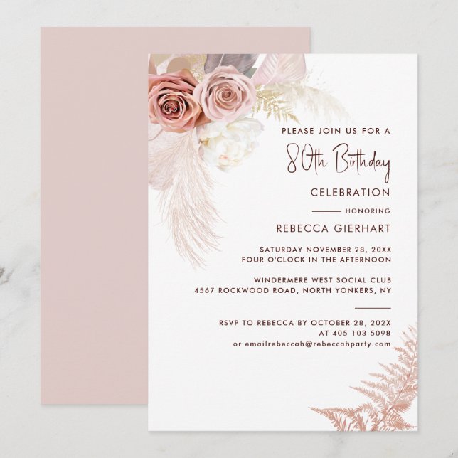 Invitación Floral 80th Birthday Pampas Grass Fiesta (Anverso / Reverso)