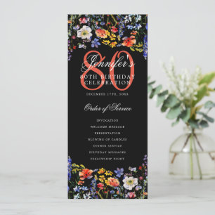 Invitación Floral 80th Birthday Party Program Menú Negro