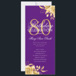 Invitación Floral 80th Birthday Program Gold & Purple con Men<br><div class="desc">Elegante diseño "Programa de fiesta de cumpleaños" con Arreglo floral en oro con texto personalizado.</div>