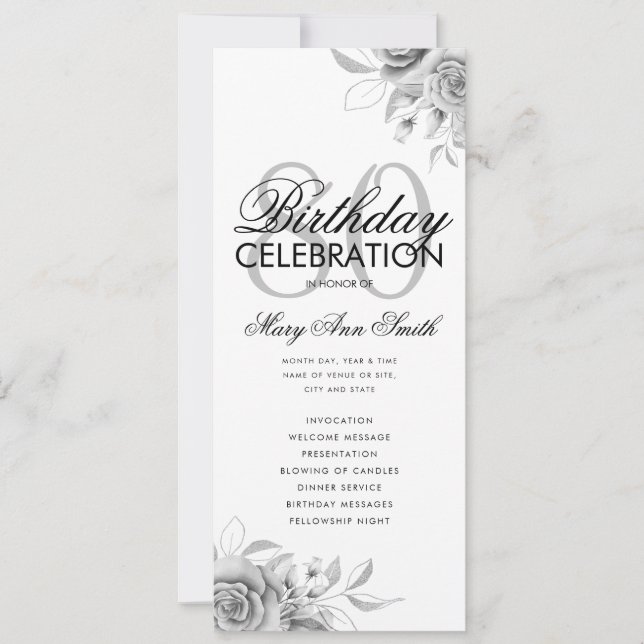 Invitación Floral 80th Birthday Program Plata con Menú (Anverso)