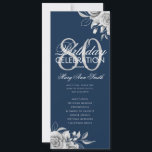 Invitación Floral 80th Birthday Program Silver Navy con Menú<br><div class="desc">Elegante diseño "Programa de fiesta de cumpleaños" con Arreglo floral en plata con texto personalizado.</div>