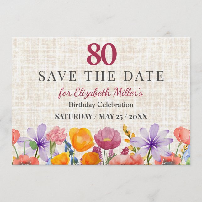 Invitación Floral 80th Birthday Save the Date - Garden Party (Anverso)