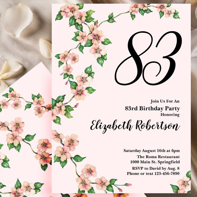 Invitación Floral 83rd Birthday Invitation in Blush Pink (Subido por el creador)