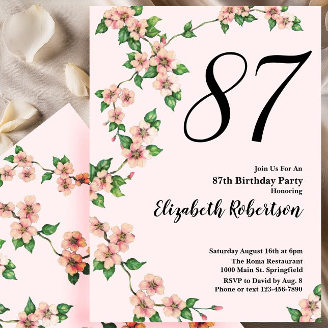 Invitación Floral 87th Birthday Invitation in Blush Pink (Subido por el creador)