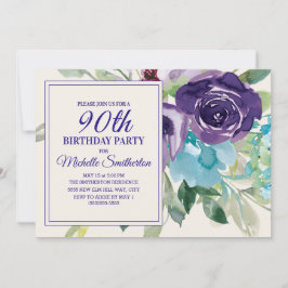 Invitación Floral 90º cumpleaños de Plum Morple Blue Watercol