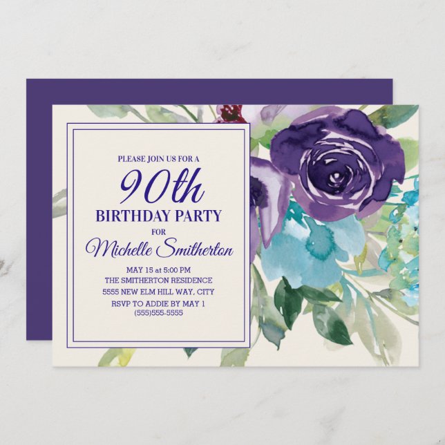 Invitación Floral 90º cumpleaños de Plum Morple Blue Watercol (Anverso / Reverso)