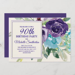 Invitación Floral 90º cumpleaños de Plum Morple Blue Watercol