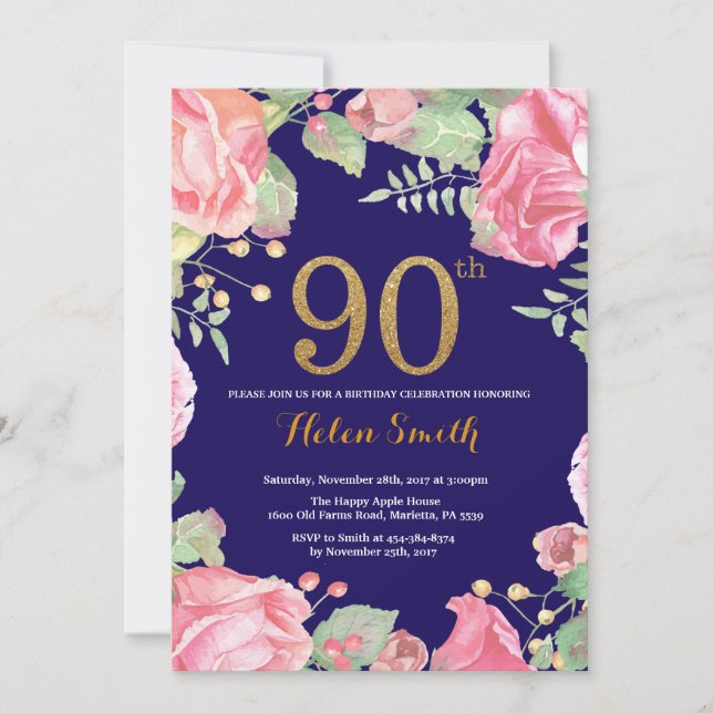Invitación Floral 90 cumpleaños Purpurina de oro Marina Azul (Anverso)