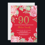 Invitación Floral 90th Birthday Gold Purpurina Red<br><div class="desc">Invitación floral 90º cumpleaños para mujeres. Flor Floral Botánica de acuarela. Brillantina dorada. Fondo Rojo. Flores Florales De Peonies Rosados. Cumpleaños de adultos. Para una mayor personalización,  haga clic en el botón "Personalizar" y utilice nuestra herramienta de diseño para modificar esta plantilla.</div>