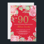 Invitación Floral 90th Birthday Gold Purpurina Red<br><div class="desc">Invitación floral 90º cumpleaños para mujeres. Flor Floral Botánica de acuarela. Brillantina dorada. Fondo Rojo. Flores Florales De Peonies Rosados. Cumpleaños de adultos. Para una mayor personalización,  haga clic en el botón "Personalizar" y utilice nuestra herramienta de diseño para modificar esta plantilla.</div>