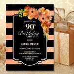 Invitación Floral 90th Birthday Party, Naranja de rayas negra<br><div class="desc">Naranja de rayas negras floral 90 cumpleaños invitación a fiesta.</div>